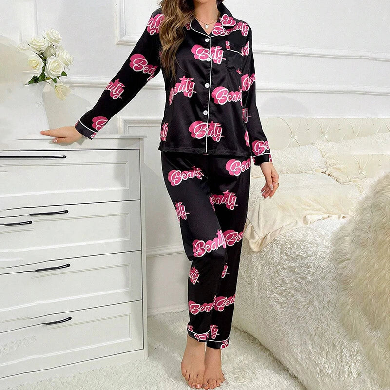 Women Silk Satin Pajamas Set Long Sleeve Button-Down Sleepwear Loungewear Charm