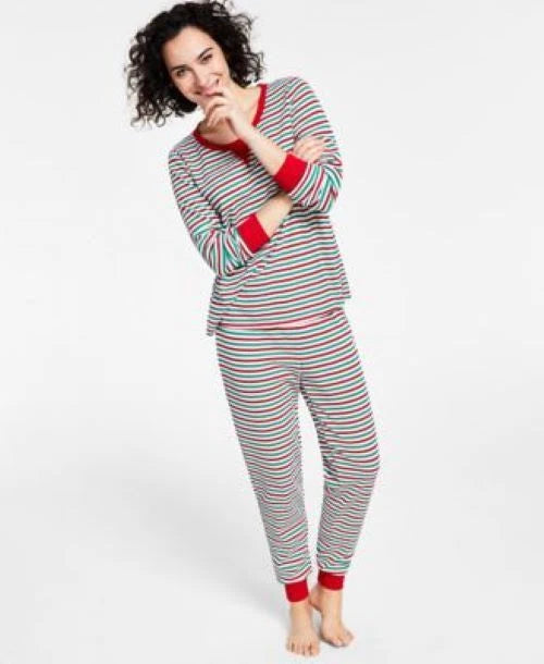 Family Pajamas Matching Women's Holiday Striped Bright White Pajamas L or XL