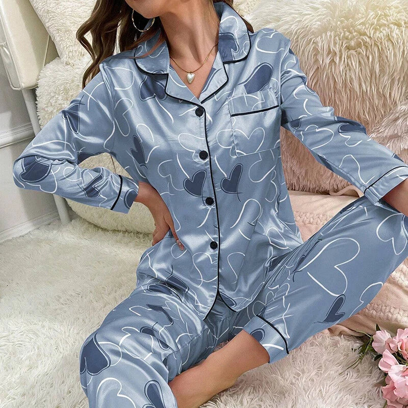 Women Silk Satin Pajamas Set Long Sleeve Button-Down Sleepwear Loungewear Charm
