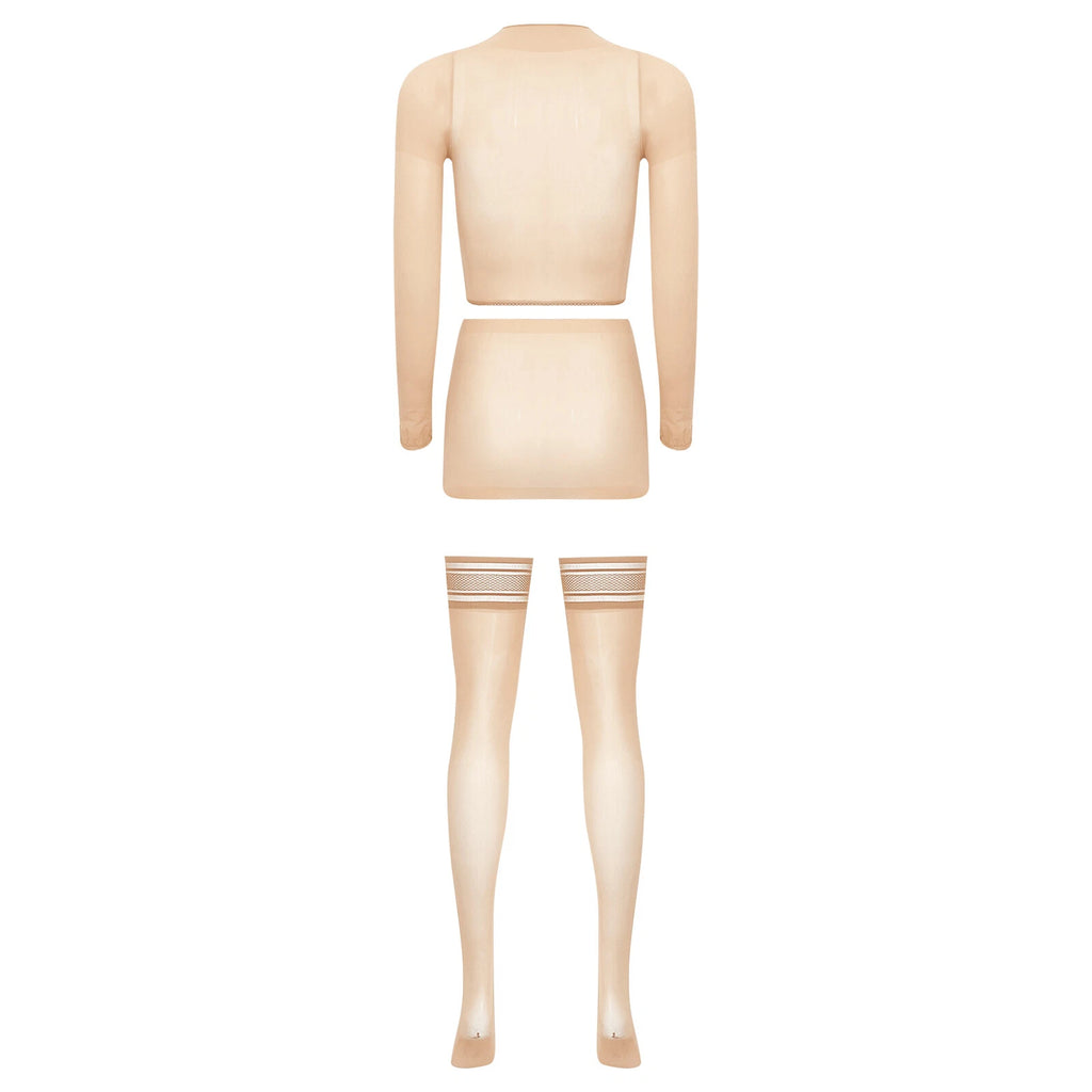 Womens Crop Top And Skirt With Stockings Round Neck Nightwear Tempting Glossy