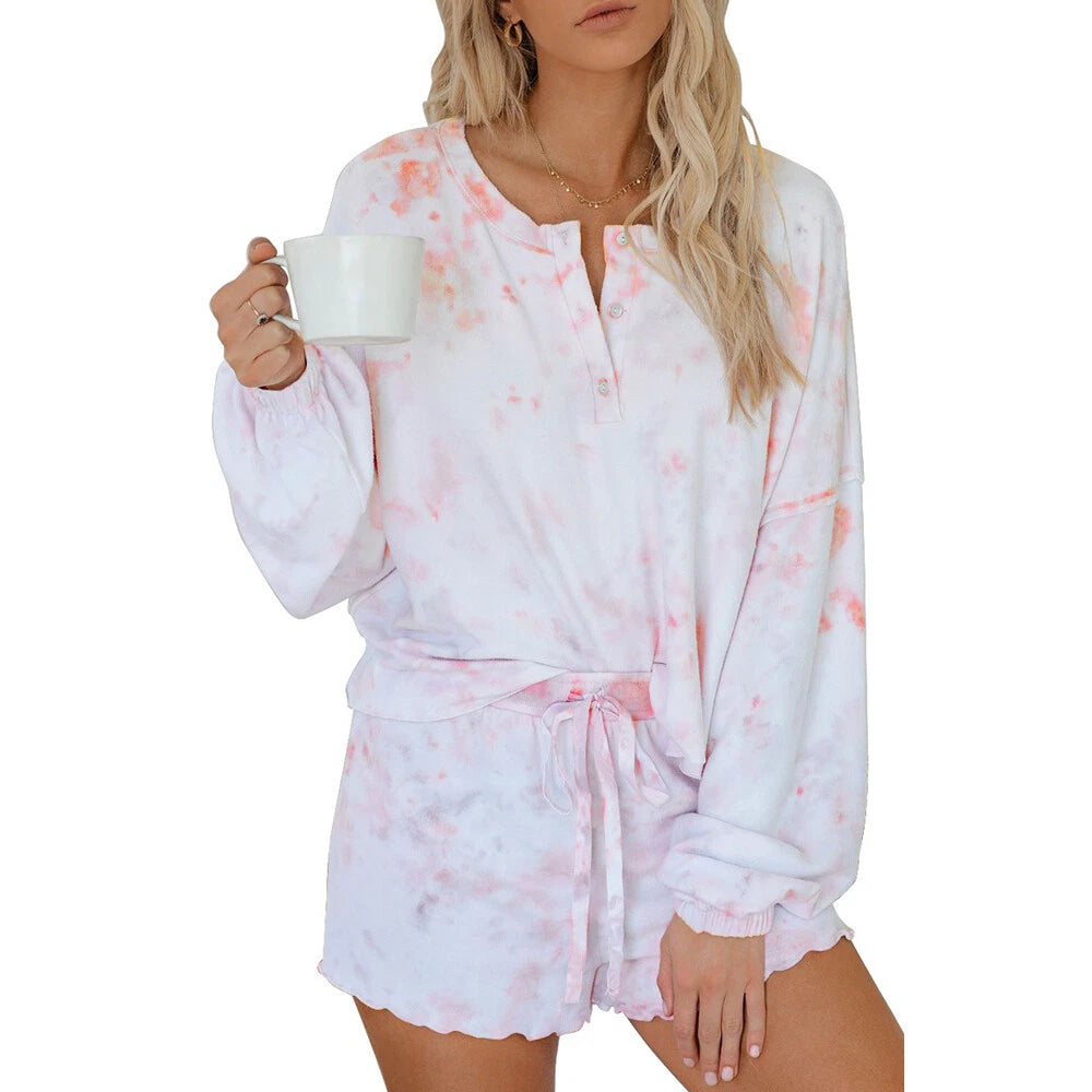 Women Summer Printed Pyjamas Set Short Sleeve Top+Short Pants Sleepwear Homewear