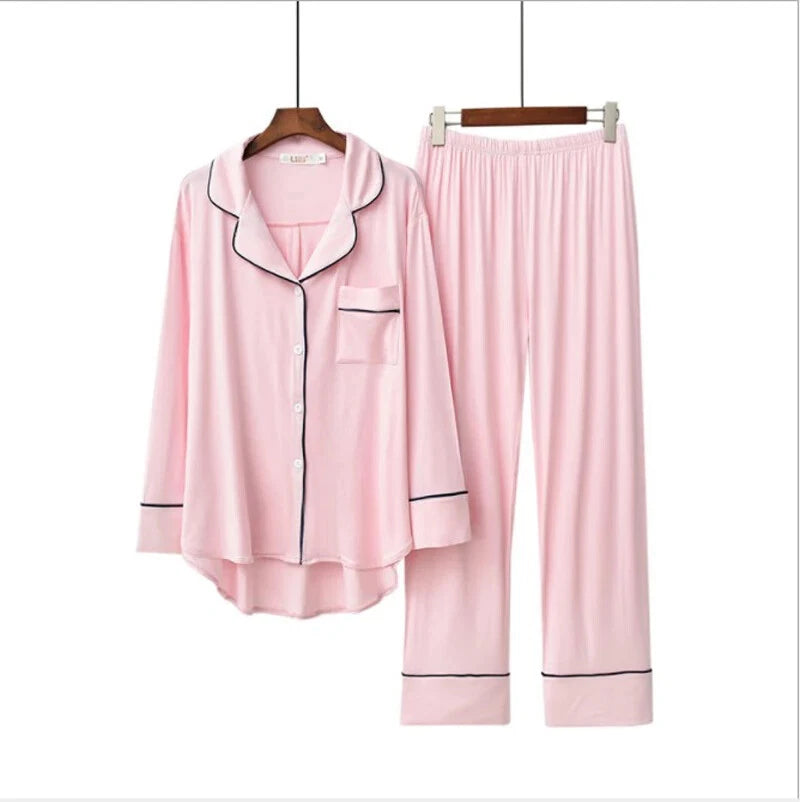 2PCS Pajama Sets Women Long Sleeve Solid Loose Breathable Soft Lady Suit Womens