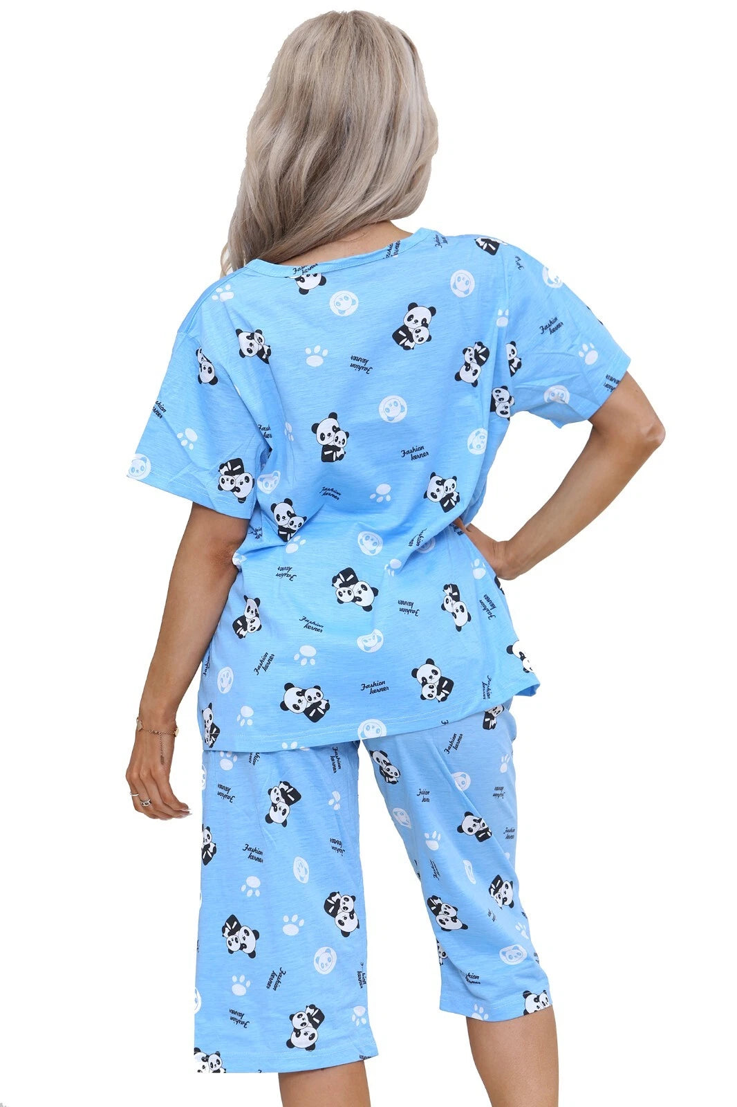 Ladies PJ Set Panda Animal Print Short Sleeve Capri Leg Lounge Teddy Pyjama Set.