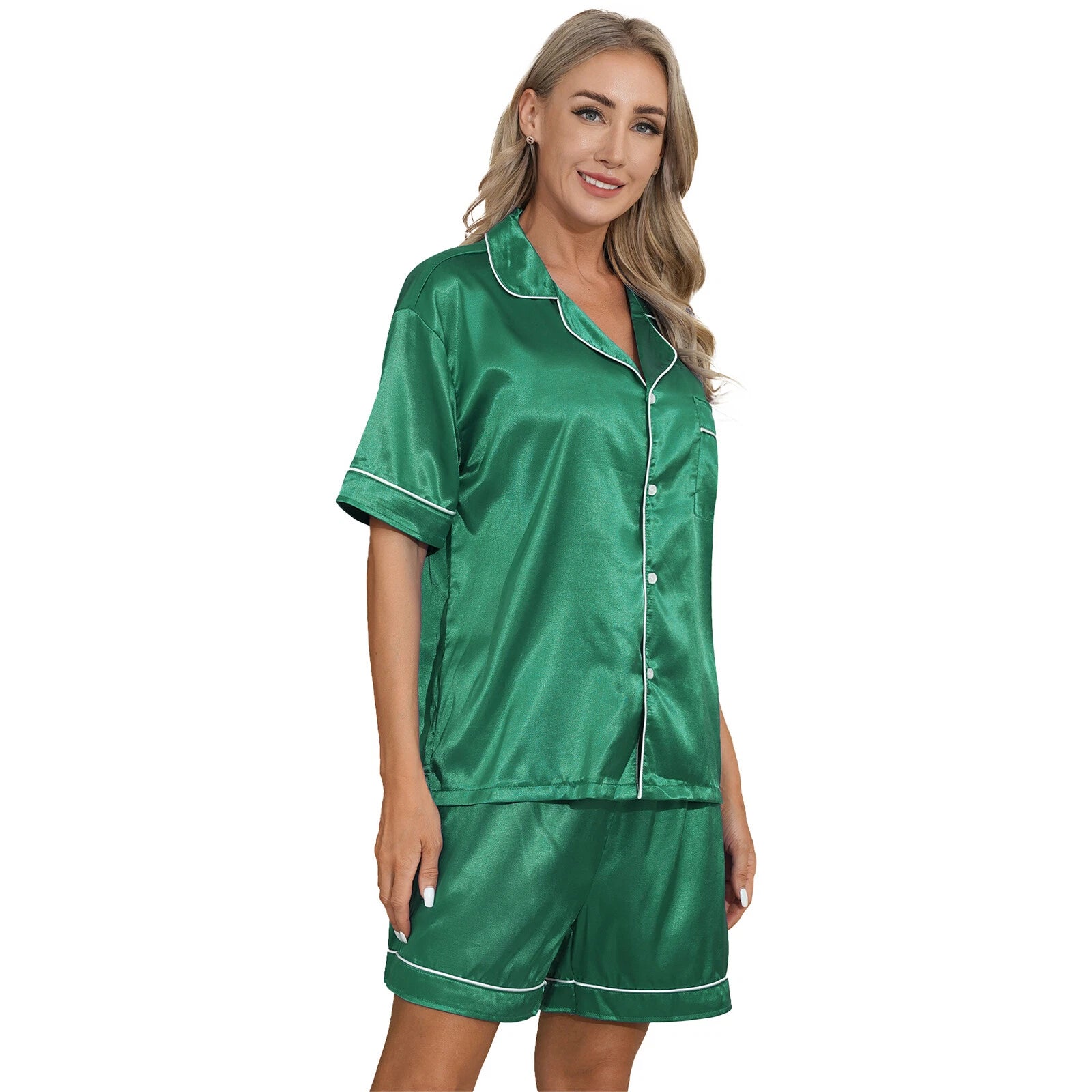 AU Women's Satin Pajamas Short Sleeve Top with Shorts Sleepwear Loungewear Set
