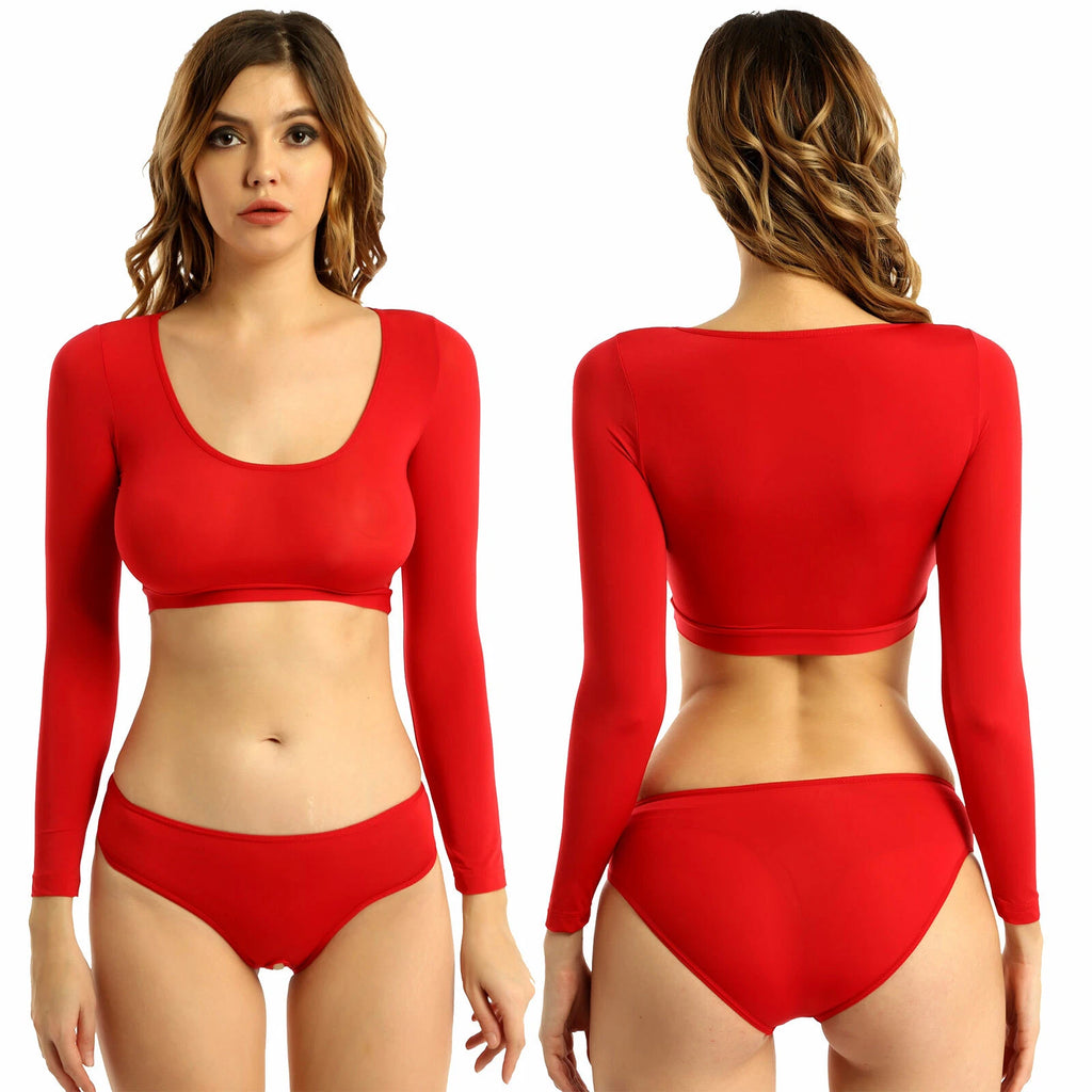 Womens Two-piece Underwear Lingerie Babydoll Long Sleeve Crop Top Brief Clubwear