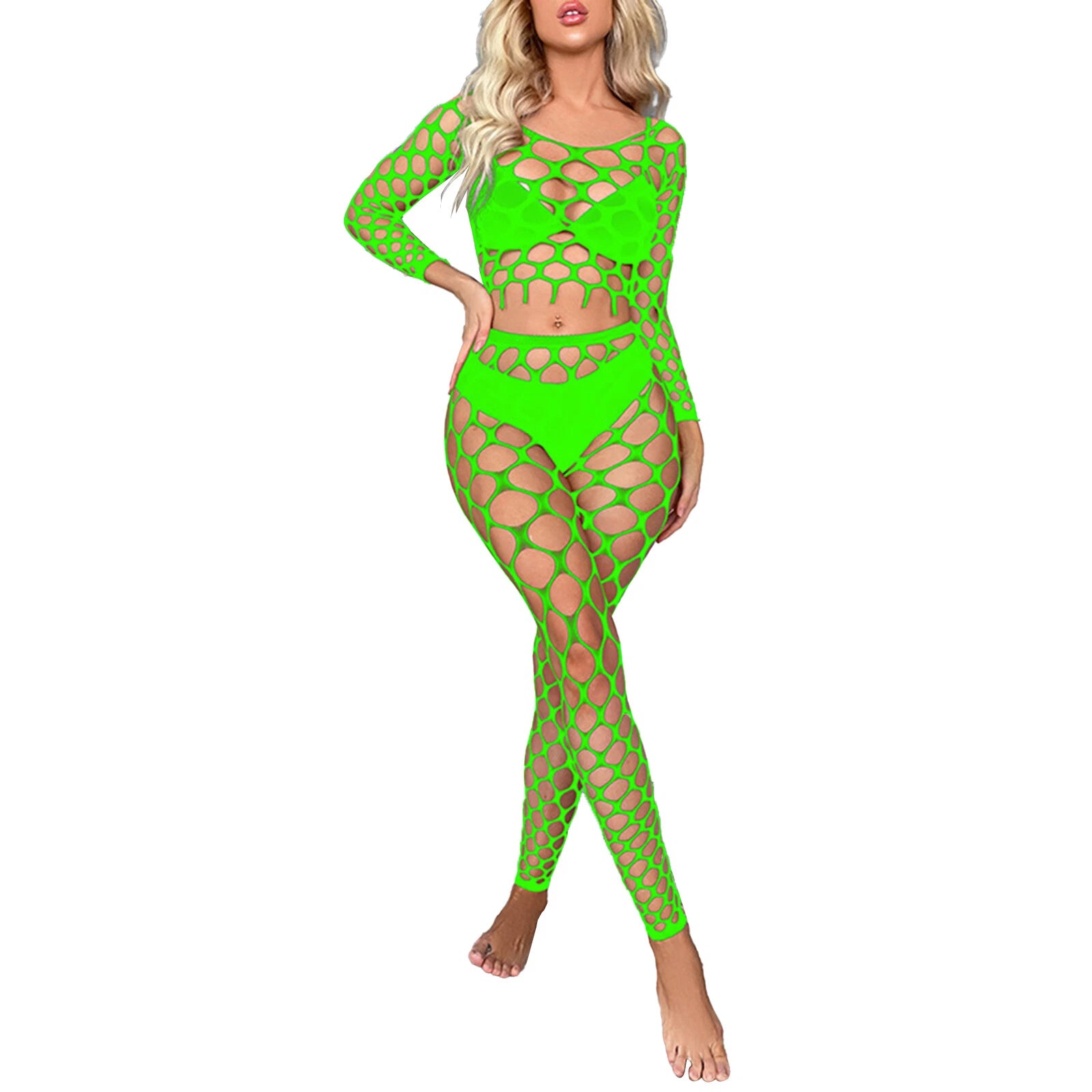 Womens Lingerie Sets Hollow Out See-Through Fishnet Nightwear Crop Top Leggings
