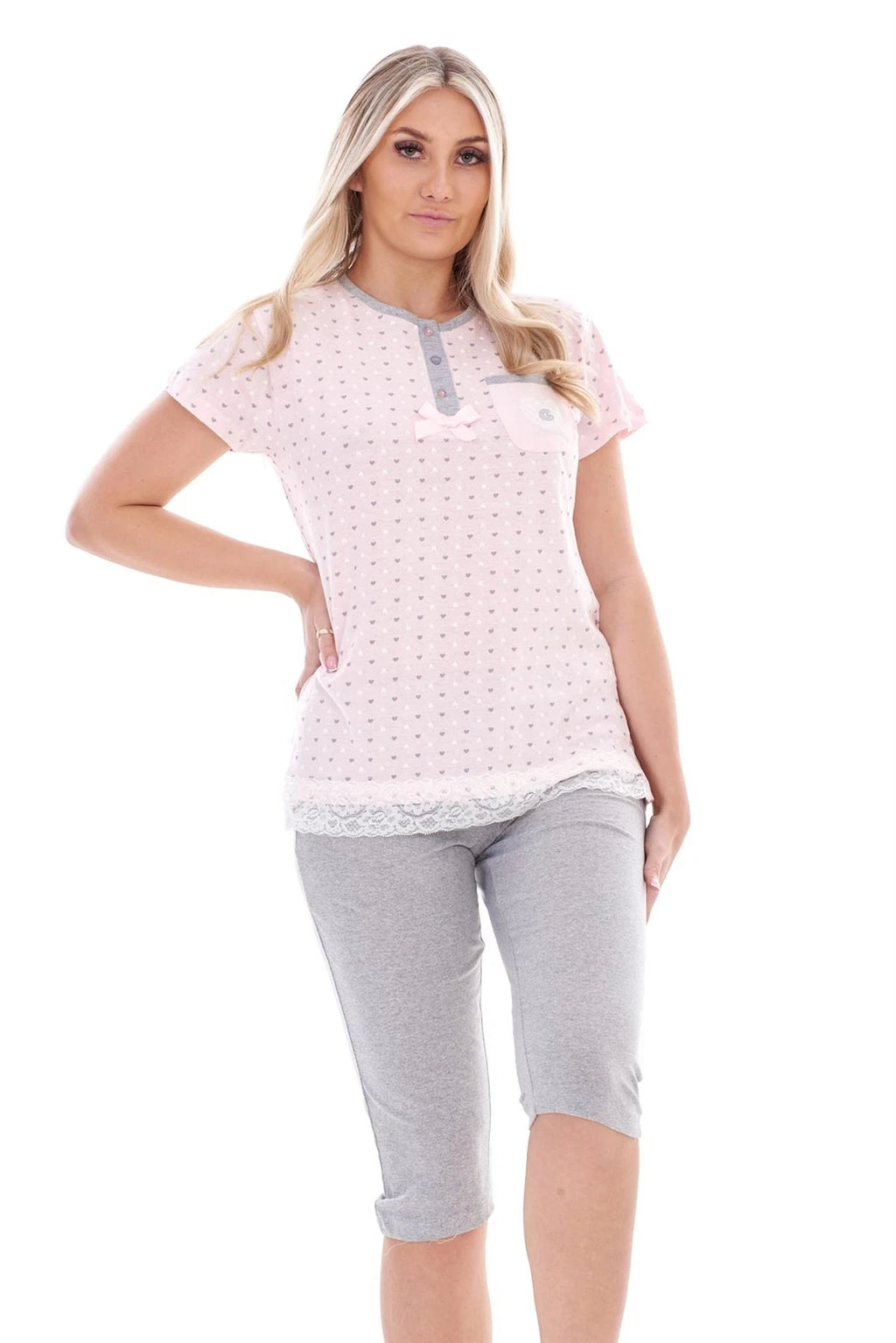 Ladies Capri Pyjama Set 2 Piece Heart Pocket Lace Buttons Bow Cropped Nightwear