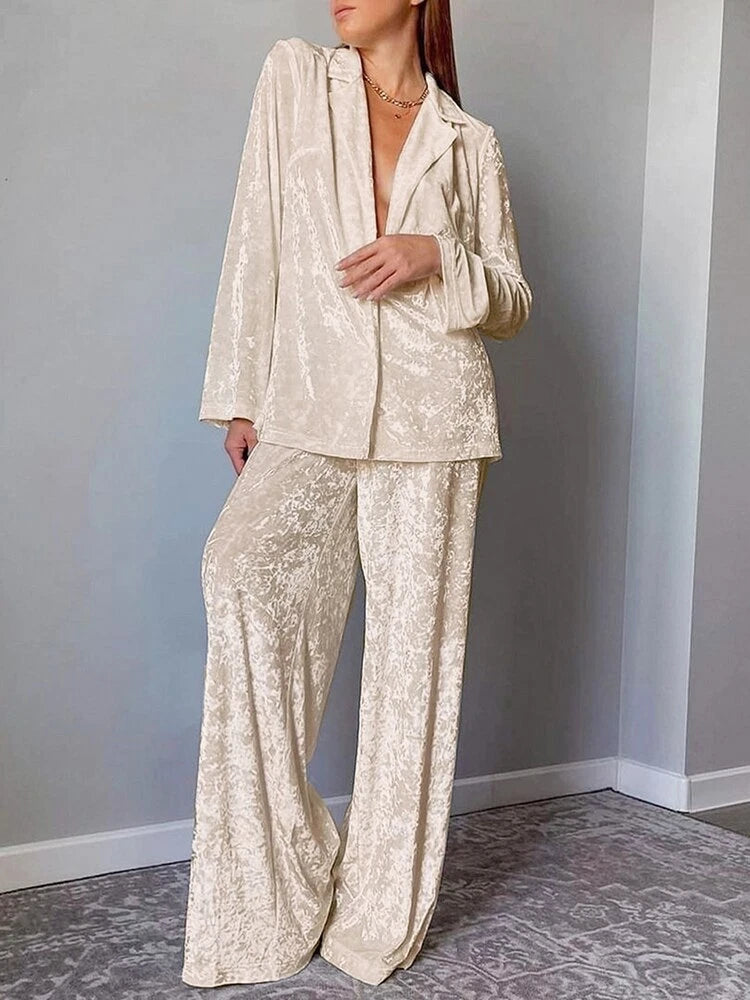 2023 Velvet lapel pajamas long sleeved women's set knitted pants set