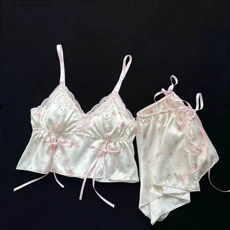 Japanese Womens Sleepwear Pajama Sets Lace Cami Vest Shorts Princess Nightwear