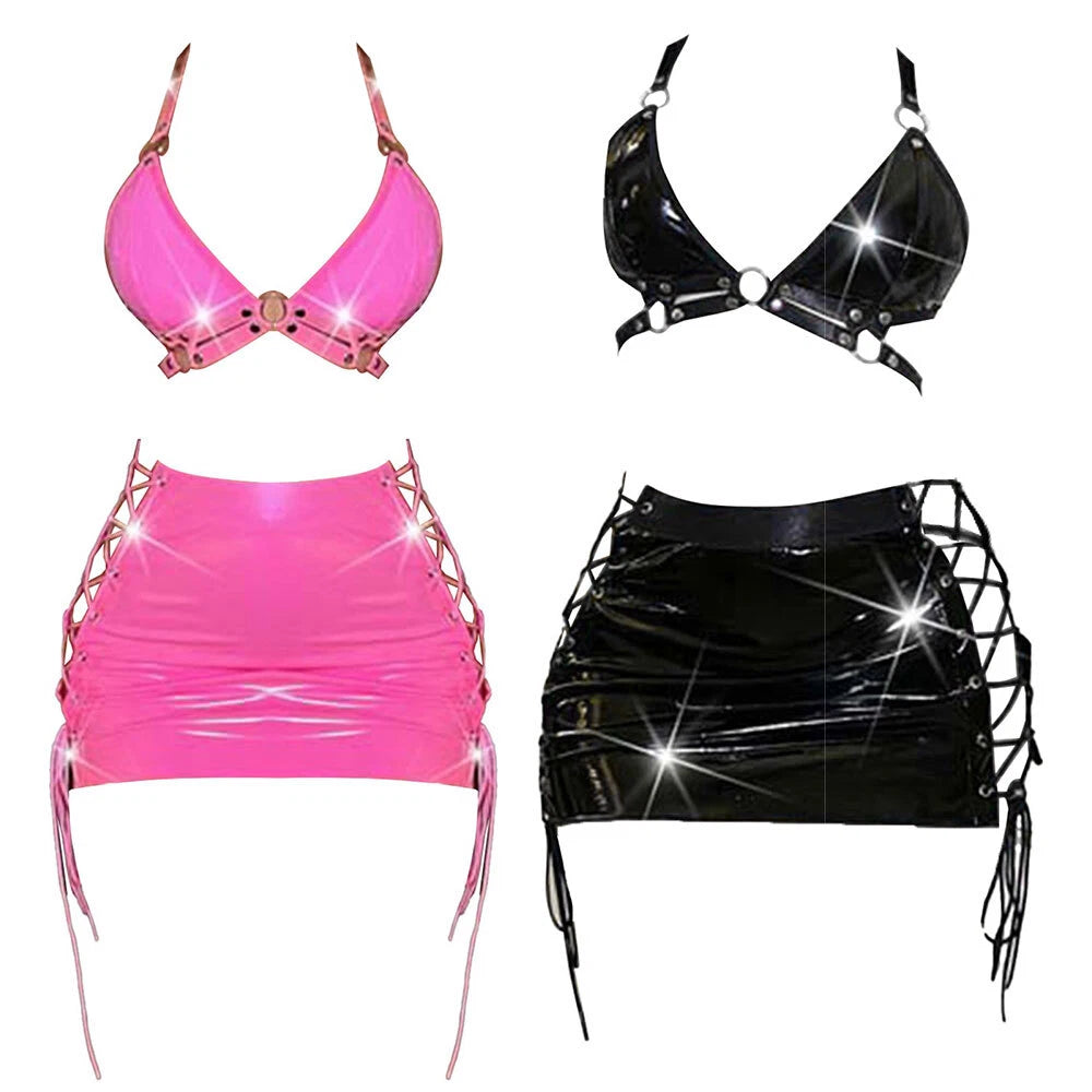 Womens Lingerie Sexy Set Role Play Mini Skirt Wet Look Sleepwear Camisole Bra