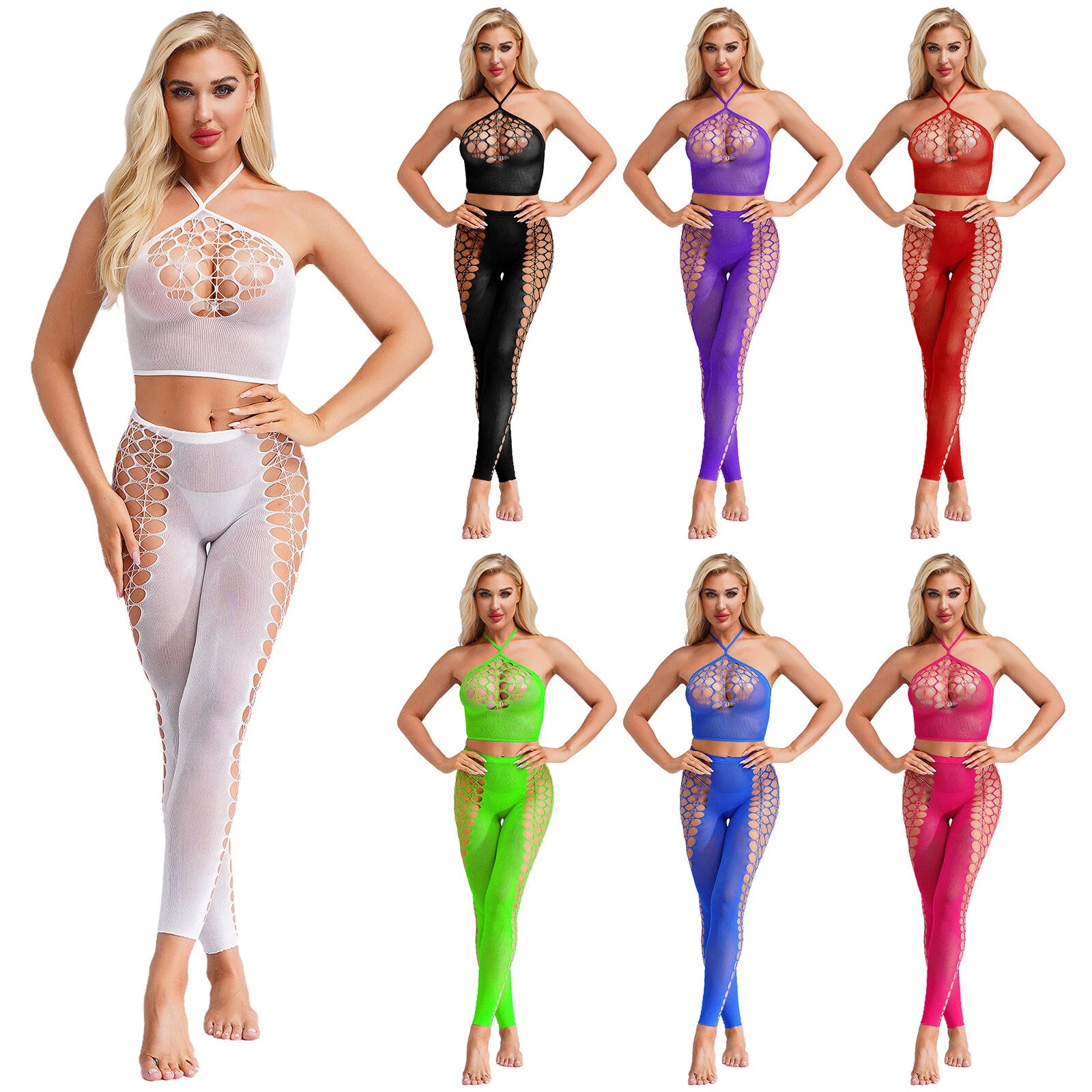 Womens Hollow Out Translucent Lingerie Set Stretchy Fishnet Solid Color Tights