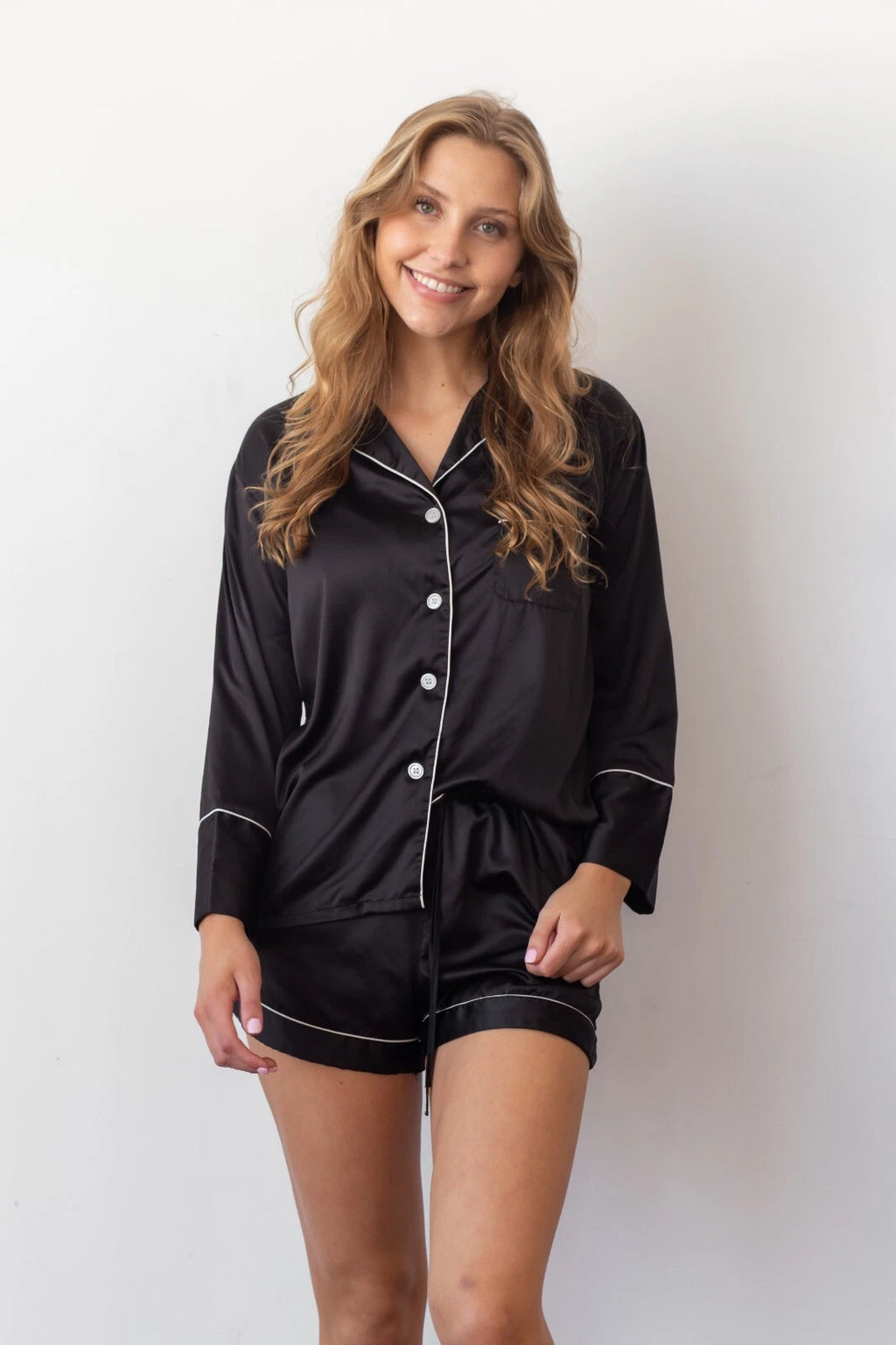 Satin Pajama Set 2 Piece Long Sleeve & Shorts Bridal Party Sleepwear