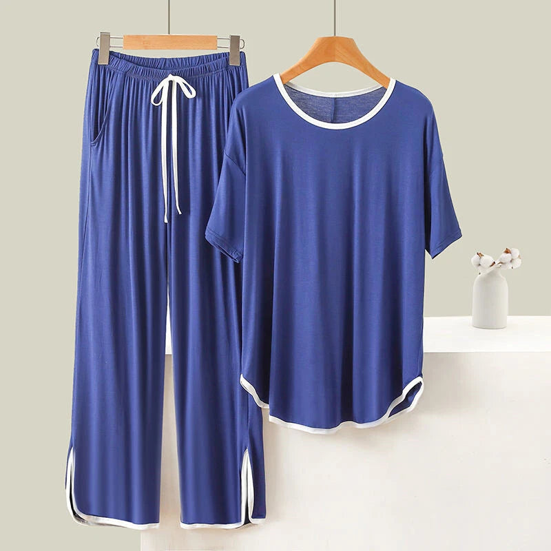 Large Size 3XL 150KG Summer Women Pajamas Set Short Sleeve Tops+ Pants Sleepwear