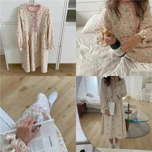 Women Princess Dress Vintage Flower Ruffle Sleepshirts.Girl's Floral Nightgown