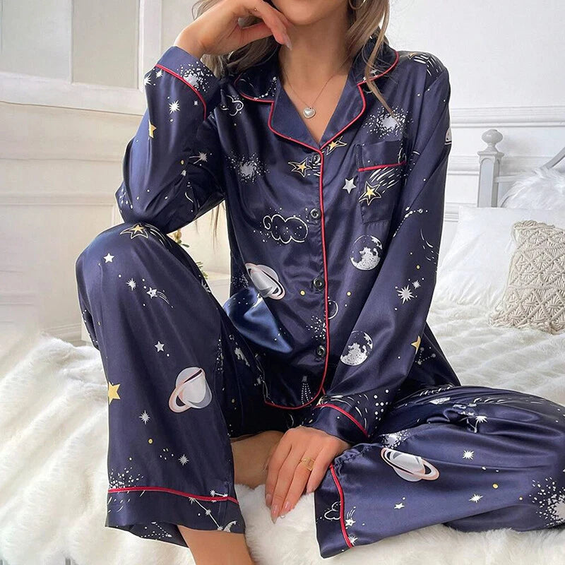 Women Silk Satin Pajamas Set Long Sleeve Button-Down Sleepwear Loungewear Charm