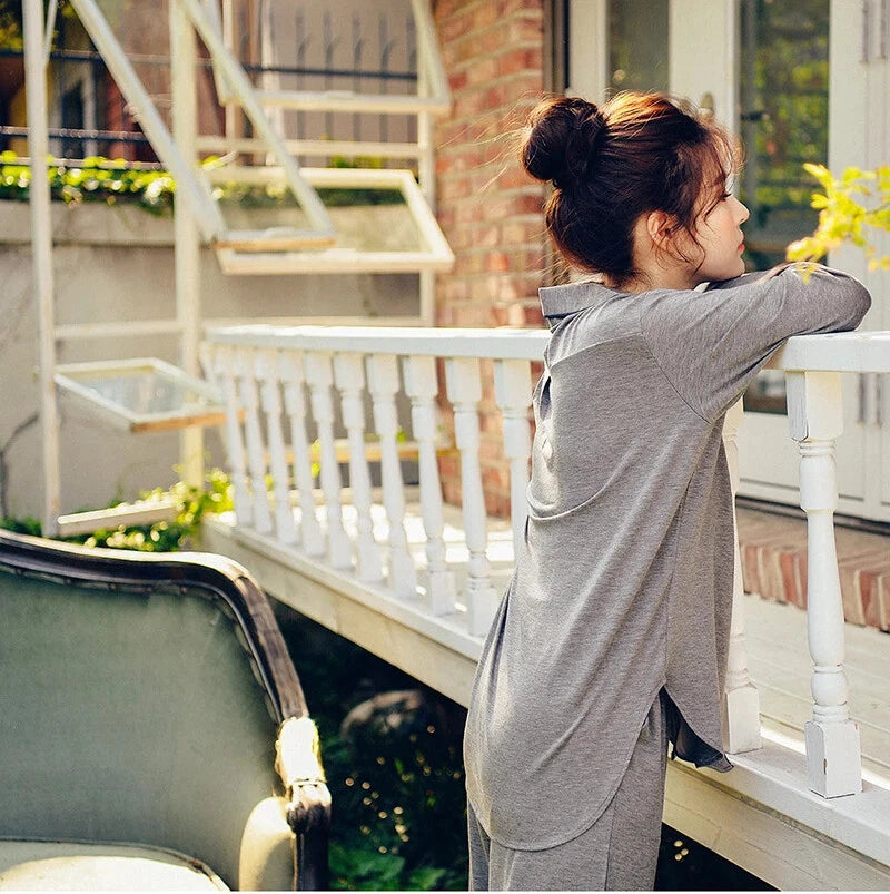 2PCS Pajama Sets Women Long Sleeve Solid Loose Breathable Soft Lady Suit Womens