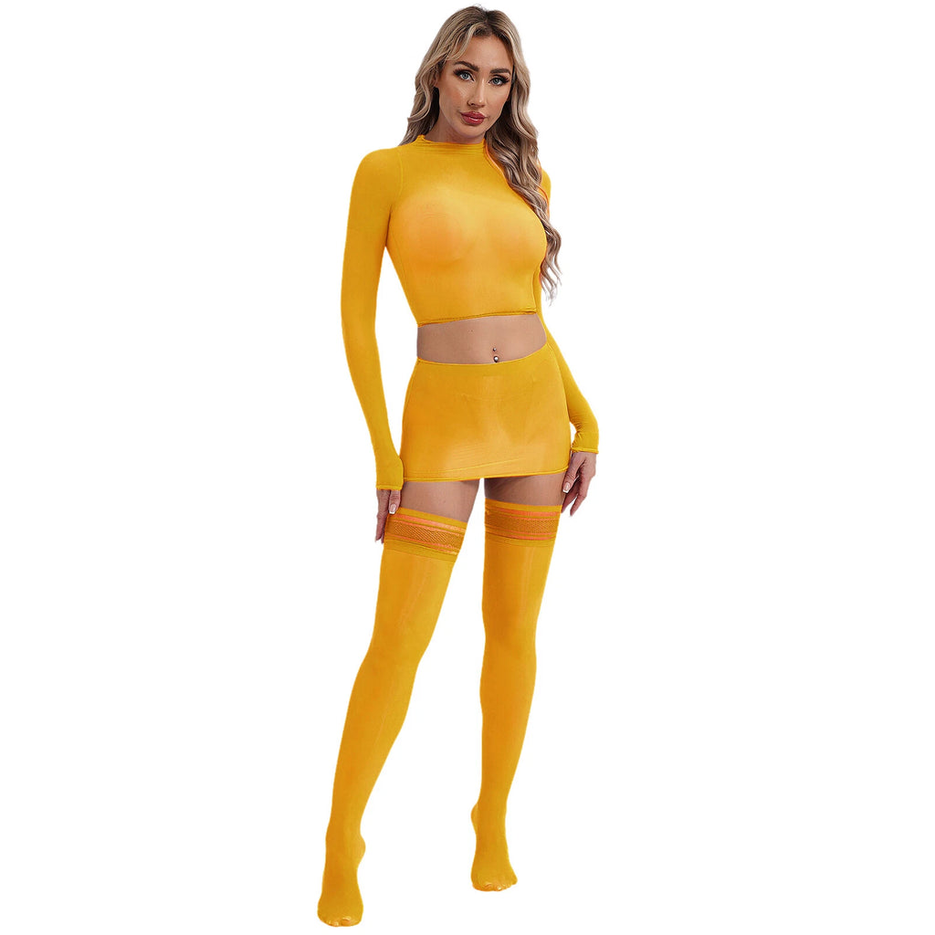 Womens Crop Top And Skirt With Stockings Round Neck Nightwear Tempting Glossy