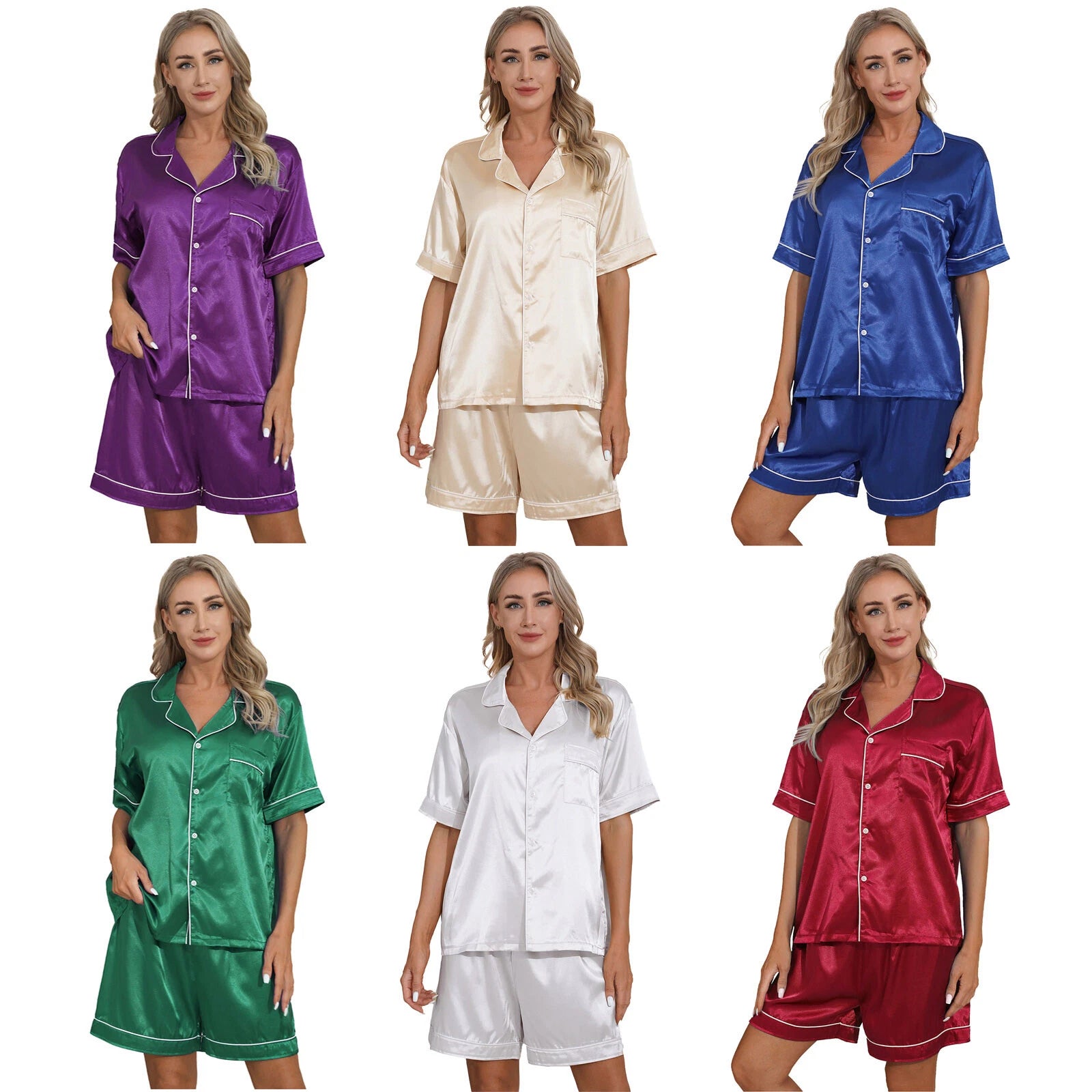 AU Womens Solid Satin Pajamas Set Tops with Shorts 2 Piece Sleepwear Loungewear