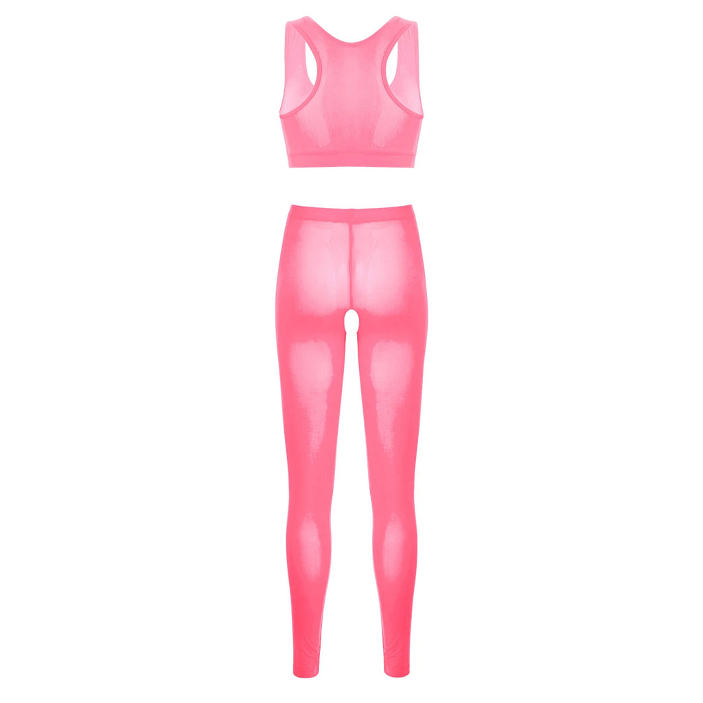 Women 2pcs Lingerie Set Sleeveless Crop Top High Waist Crotchless Leggings Pants