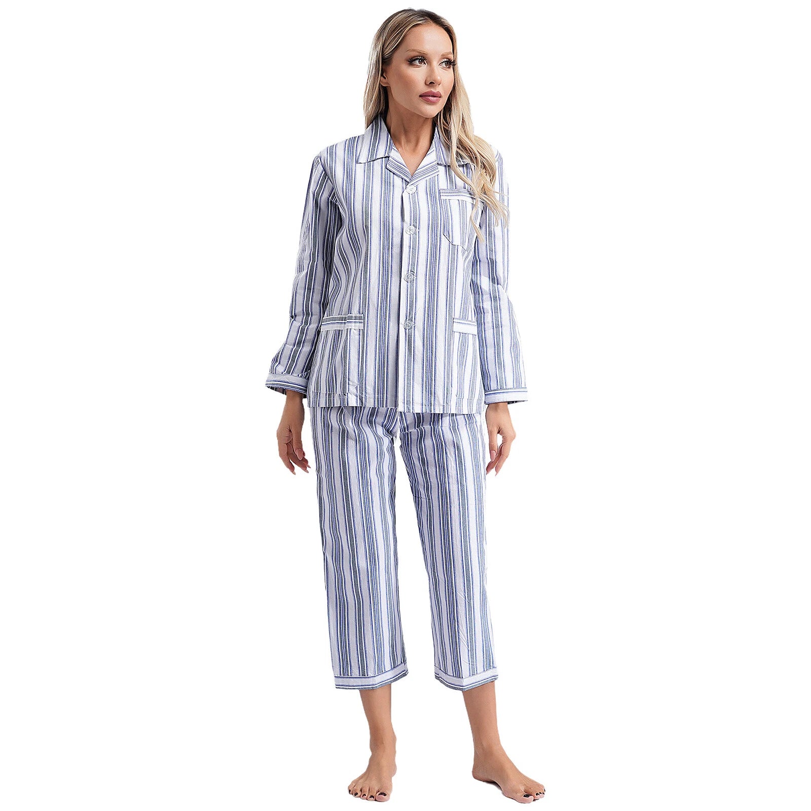 Womens Sleepwear Casual Loungewear Multiple Pockets Pajama Set Button Down Soft