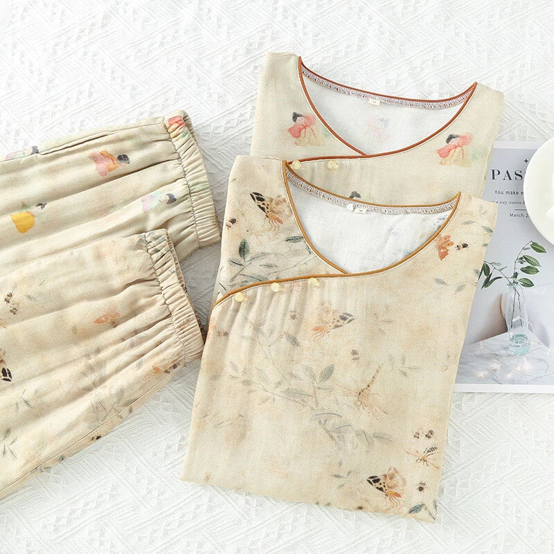 Chinese style Women's Bamboo Fiber Hanfu Summer Long Sleeved Topa & Pants Set