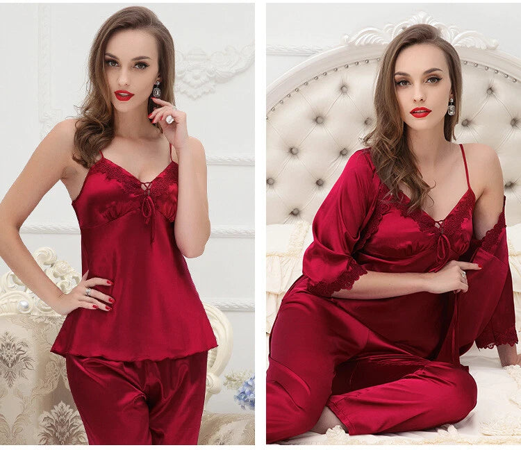 luxury silk cloth embroidery Women Sexy Sleepwear nightgown Ladies pajamas set