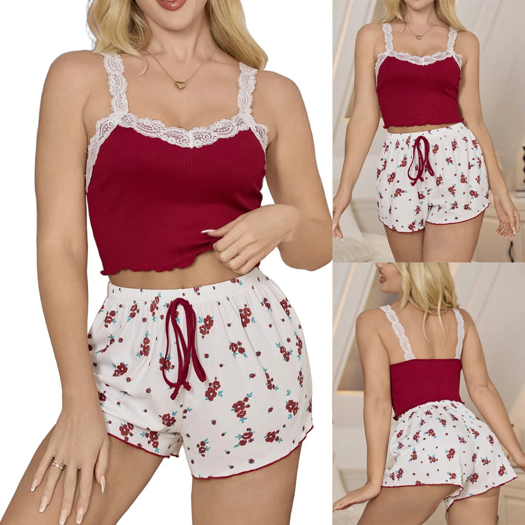 Womens Sexy Lingerie Lace Floral Tank Top+shorts Babydoll Pajamas Set Nightgown