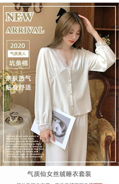 Pajama Sets Solid Lace V-neck Women Sweet Cute Kawaii Casual Long Sleeve  Loose