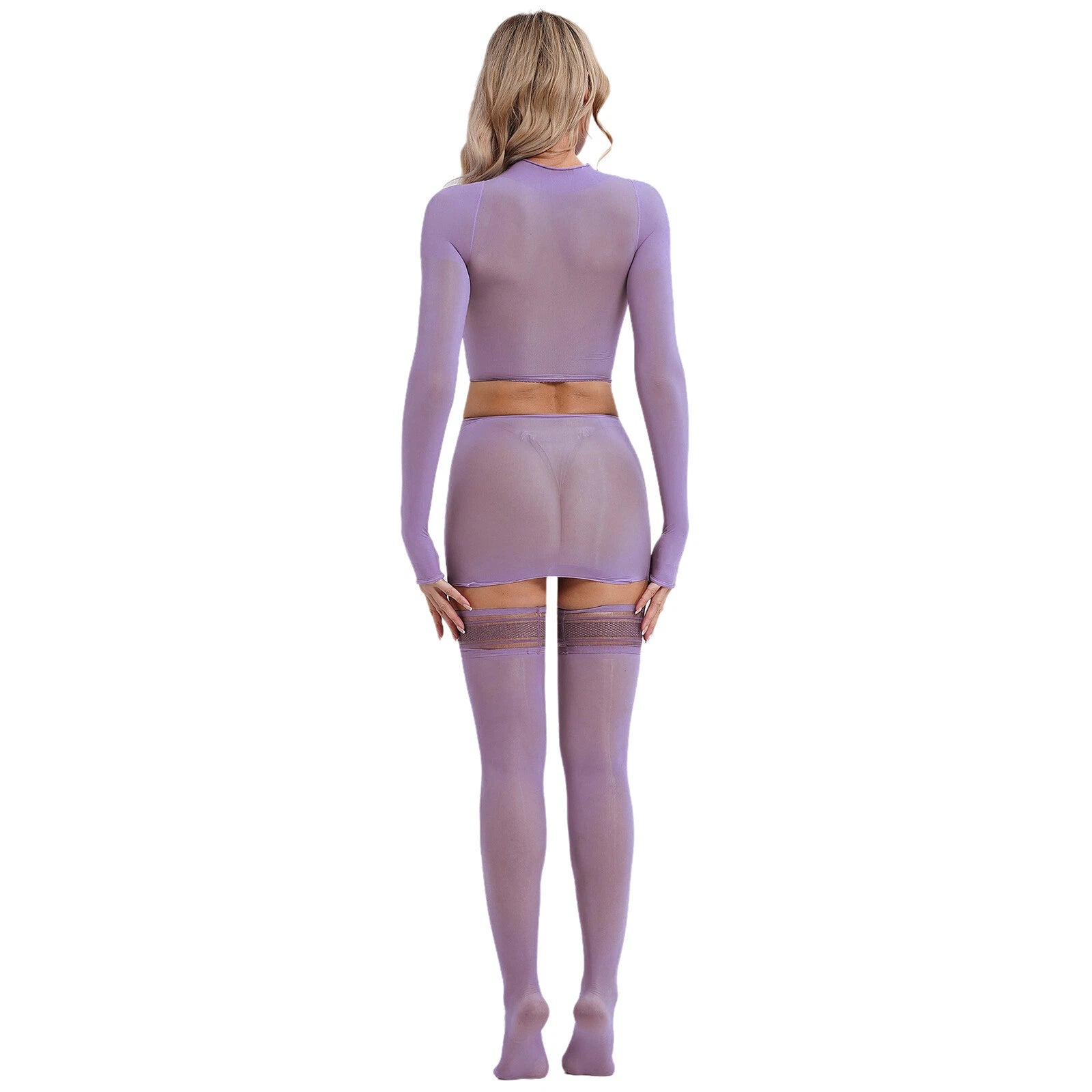 Womens Crop Top And Skirt With Stockings Round Neck Nightwear Tempting Glossy