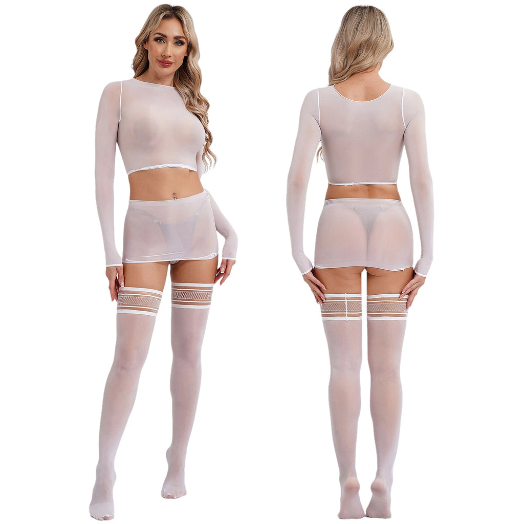 Womens Crop Top And Skirt With Stockings Round Neck Nightwear Tempting Glossy