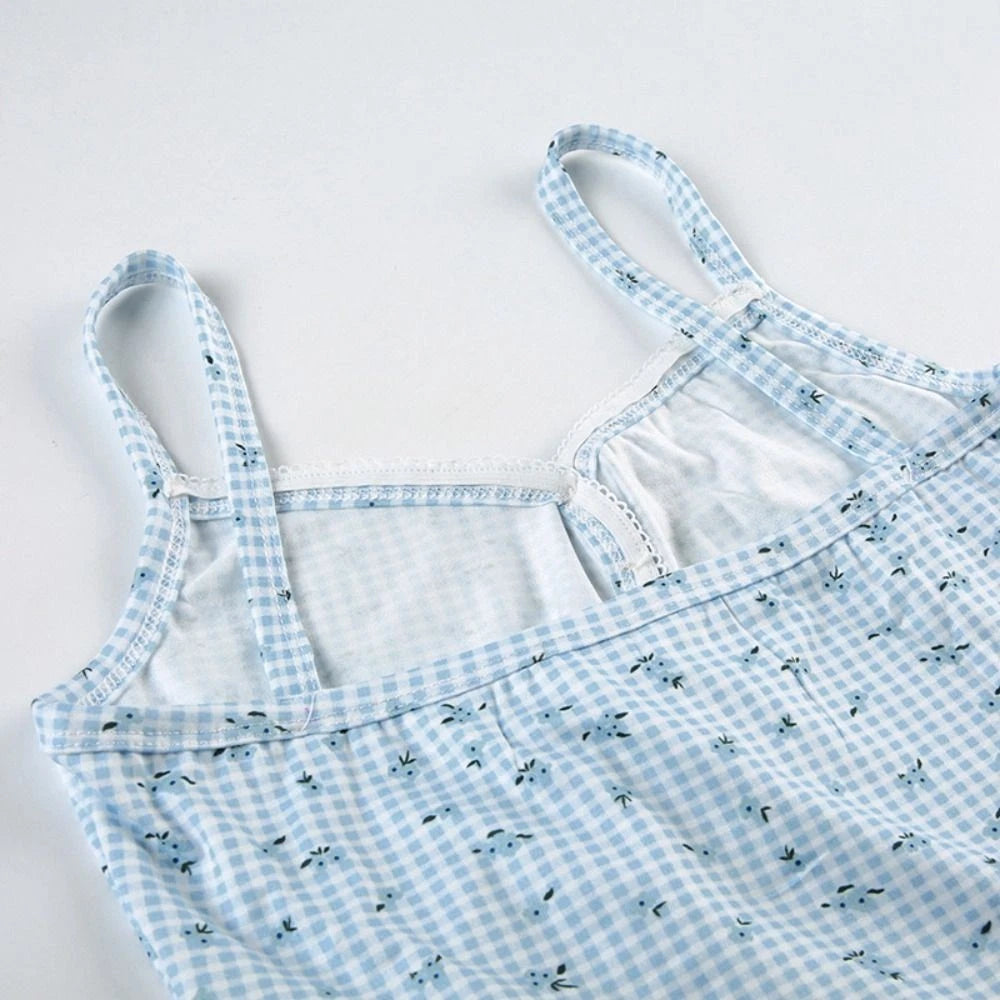 Floral Two Piece Sleepwear Plaid Summer Nightdress Women Summer-