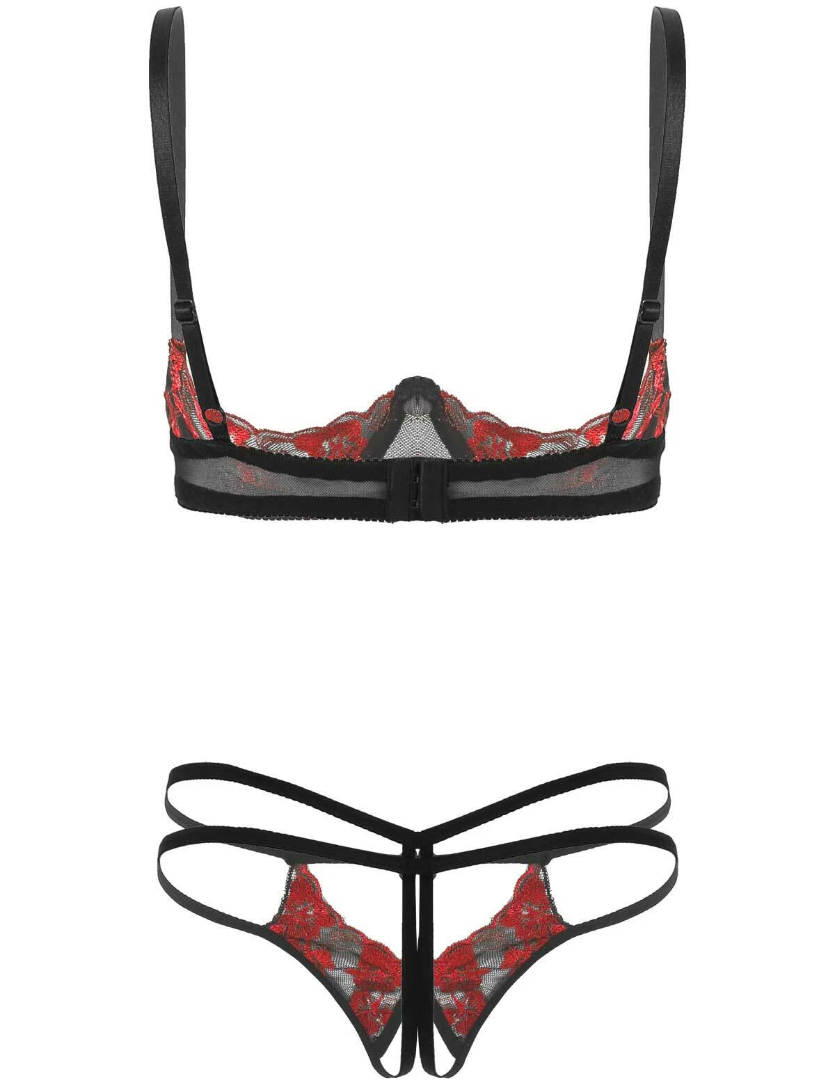 Women Bare Breasts Bra Set Open Crotch G-string Panties Underwire Nightwear