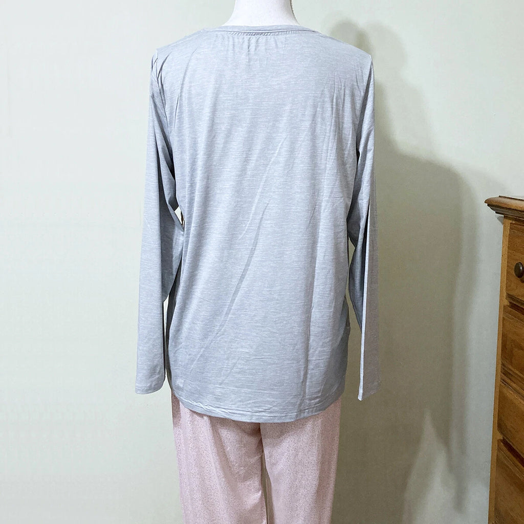 Rae Dunn Pajama Lounge Set SNOOZE Grey Pink Stretch Knit Jogger Pants L/S Top