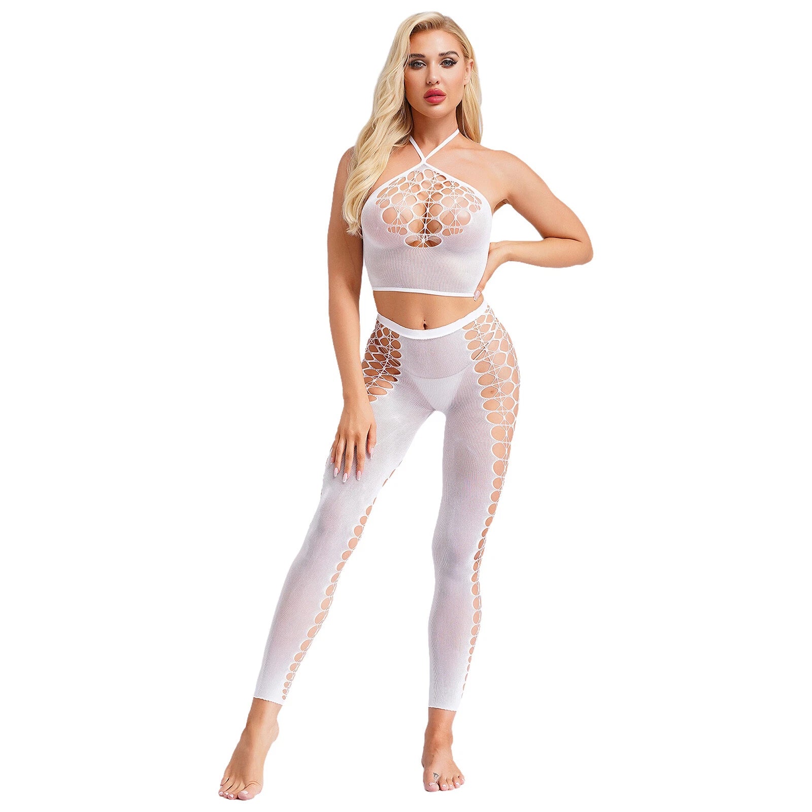 Womens Hollow Out Translucent Lingerie Set Stretchy Fishnet Solid Color Tights