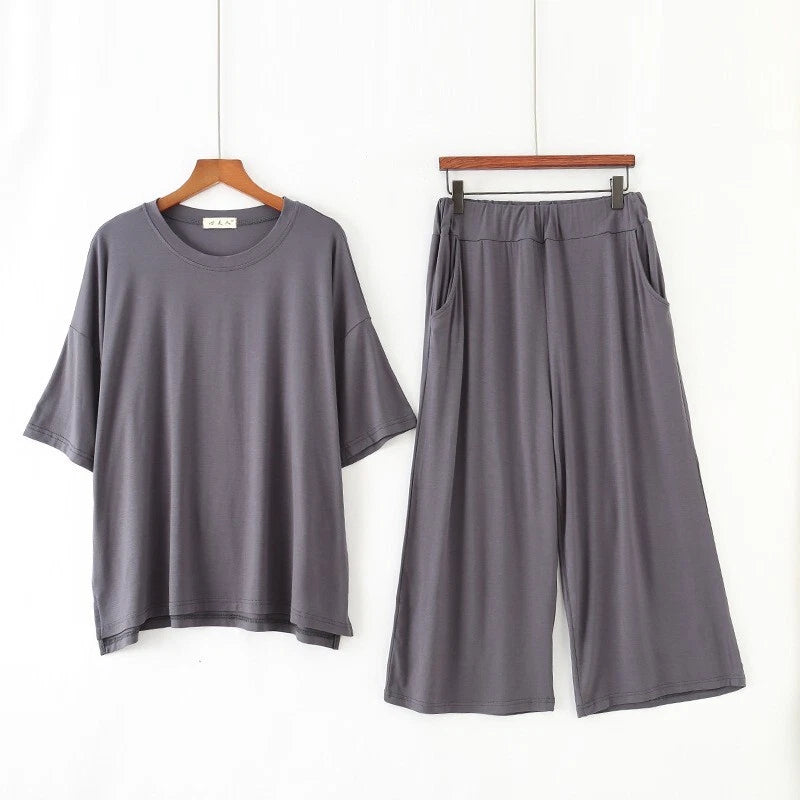 Plus Size XL 150KG Women Modal Pajamas Sets Short Sleeve Top + Calf-Length Pants