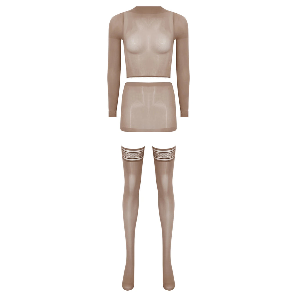 Womens Crop Top And Skirt With Stockings Round Neck Nightwear Tempting Glossy