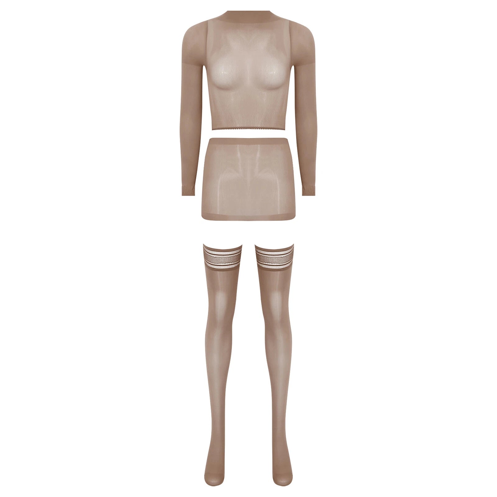 Womens Crop Top And Skirt With Stockings Round Neck Nightwear Tempting Glossy