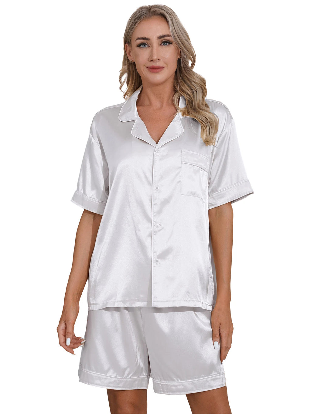 AU Womens Solid Satin Pajamas Set Tops with Shorts 2 Piece Sleepwear Loungewear