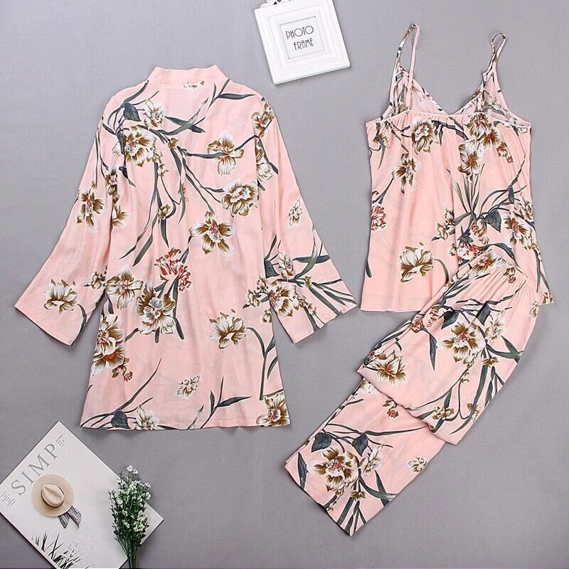 3PC Women Night Dress Silk-Cotton Pajama Sleepwear Long Robes Nightwear Gown Set