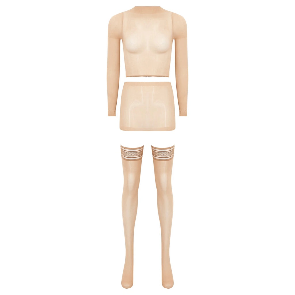 Womens Crop Top And Skirt With Stockings Round Neck Nightwear Tempting Glossy