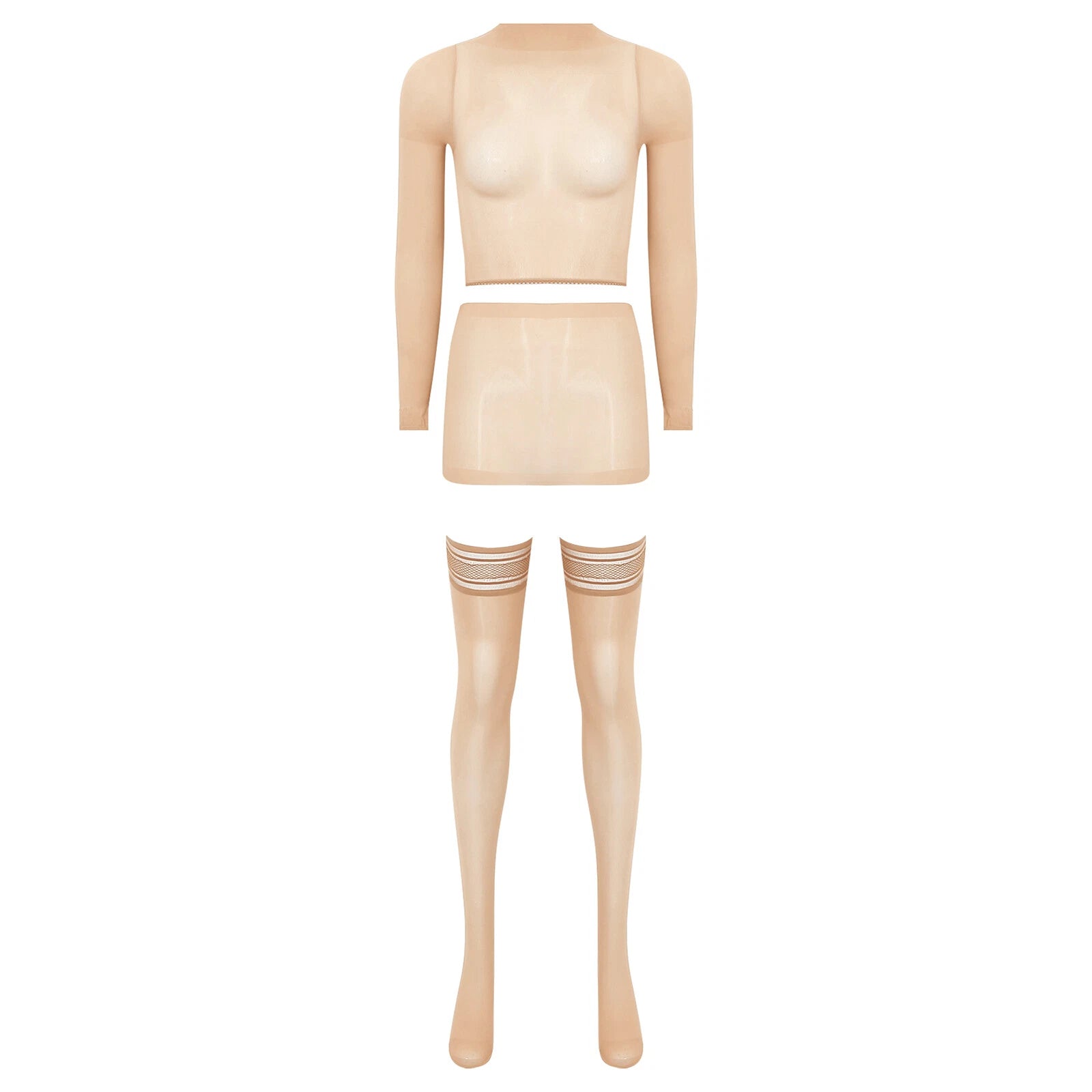 Womens Crop Top And Skirt With Stockings Round Neck Nightwear Tempting Glossy