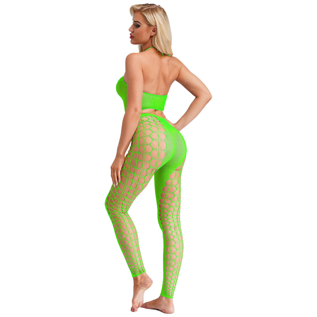 Womens Hollow Out Translucent Lingerie Set Stretchy Fishnet Solid Color Tights