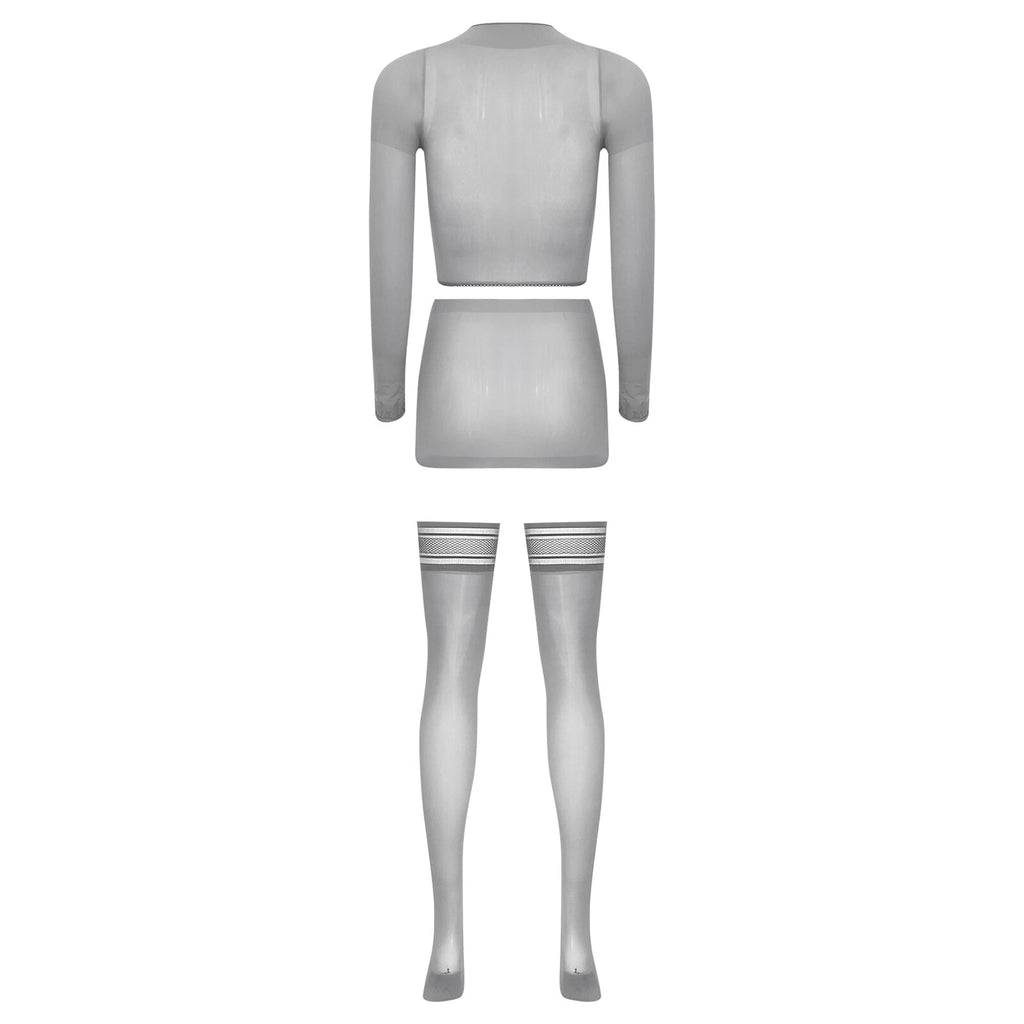 Womens Crop Top And Skirt With Stockings Round Neck Nightwear Tempting Glossy