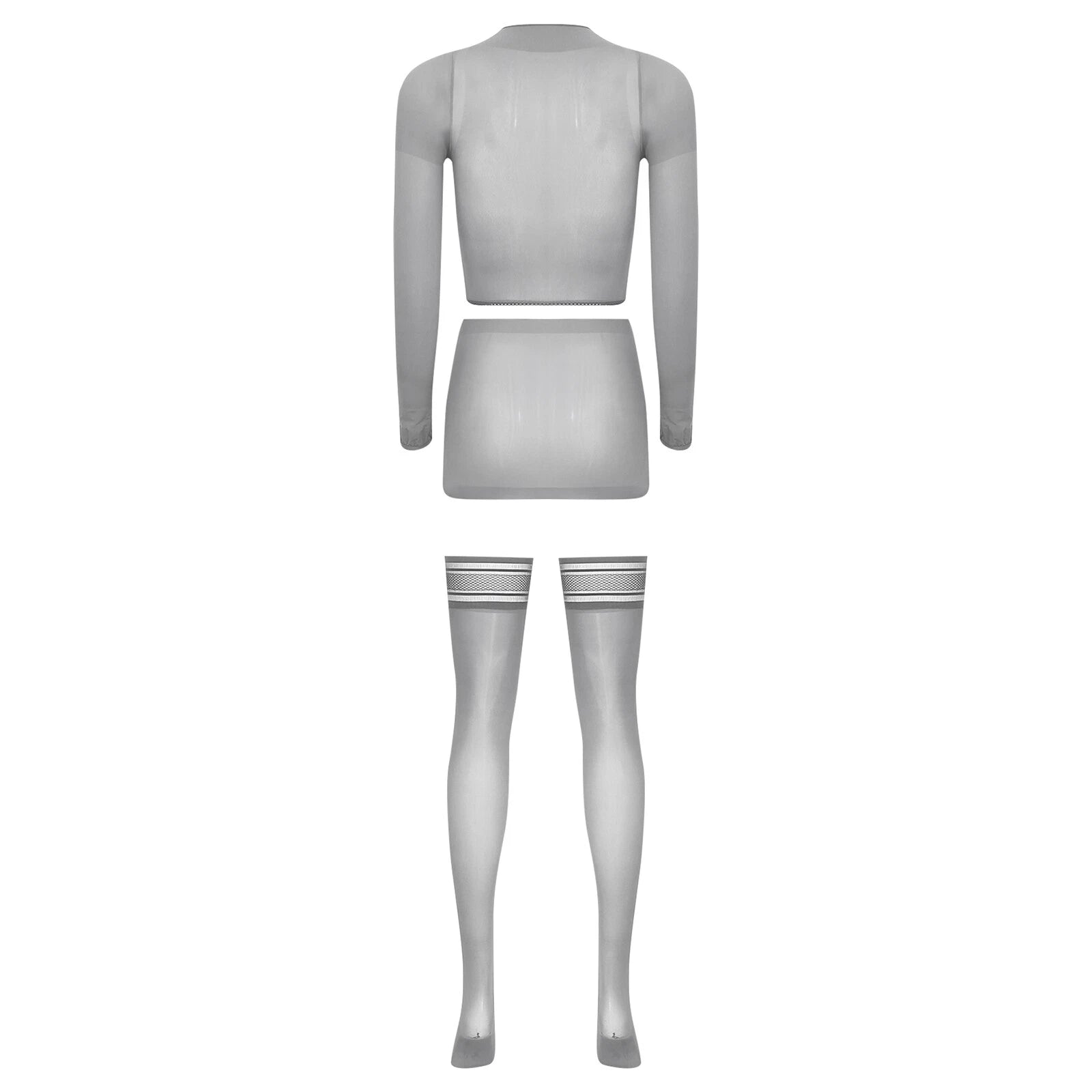 Womens Crop Top And Skirt With Stockings Round Neck Nightwear Tempting Glossy