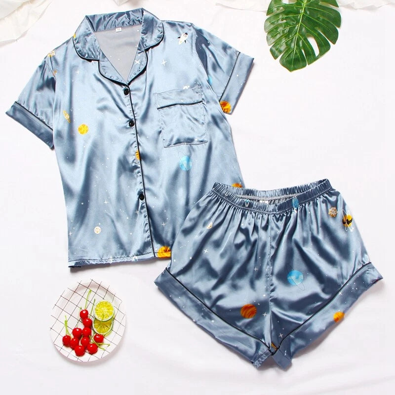 Women's Silk Satin Pajamas Set Short Sleeve Print Sleepwear Nightwear Pyjamas PJ