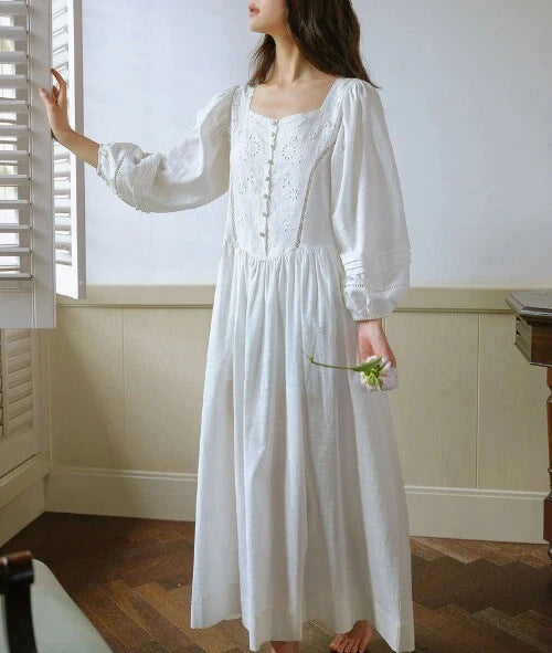 Sleepwear Lantern Sleeve Nightgown Pyjamas.Lady French Style Embroidered Flowers