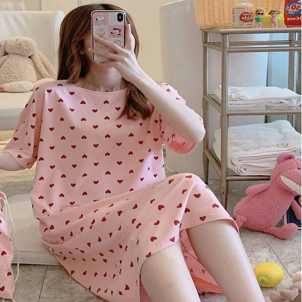 Summer Women's Sleep Shirt Dress Short Sleeve Cotton Casual Nightwear Pajama Set