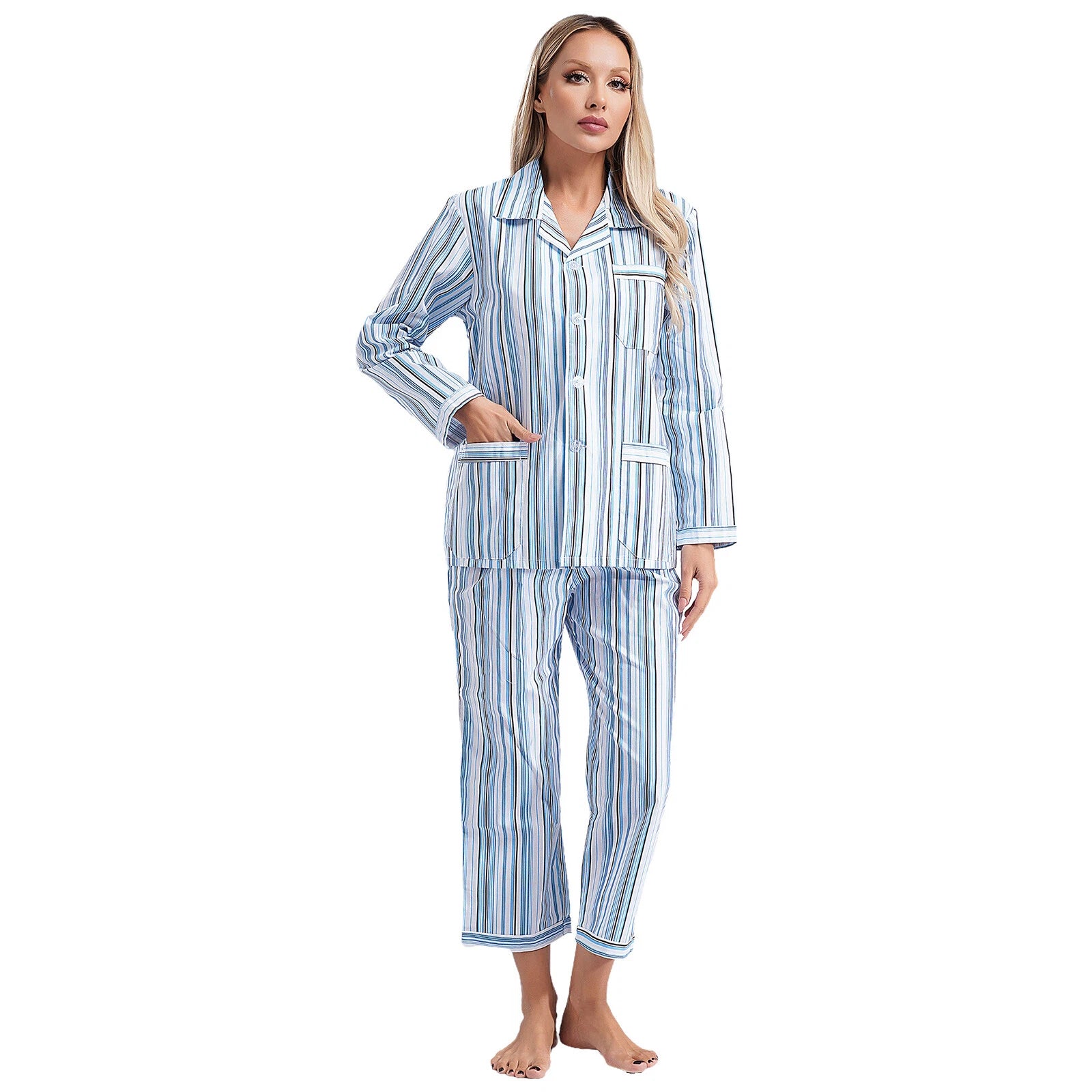 Womens Sleepwear Casual Loungewear Multiple Pockets Pajama Set Button Down Soft