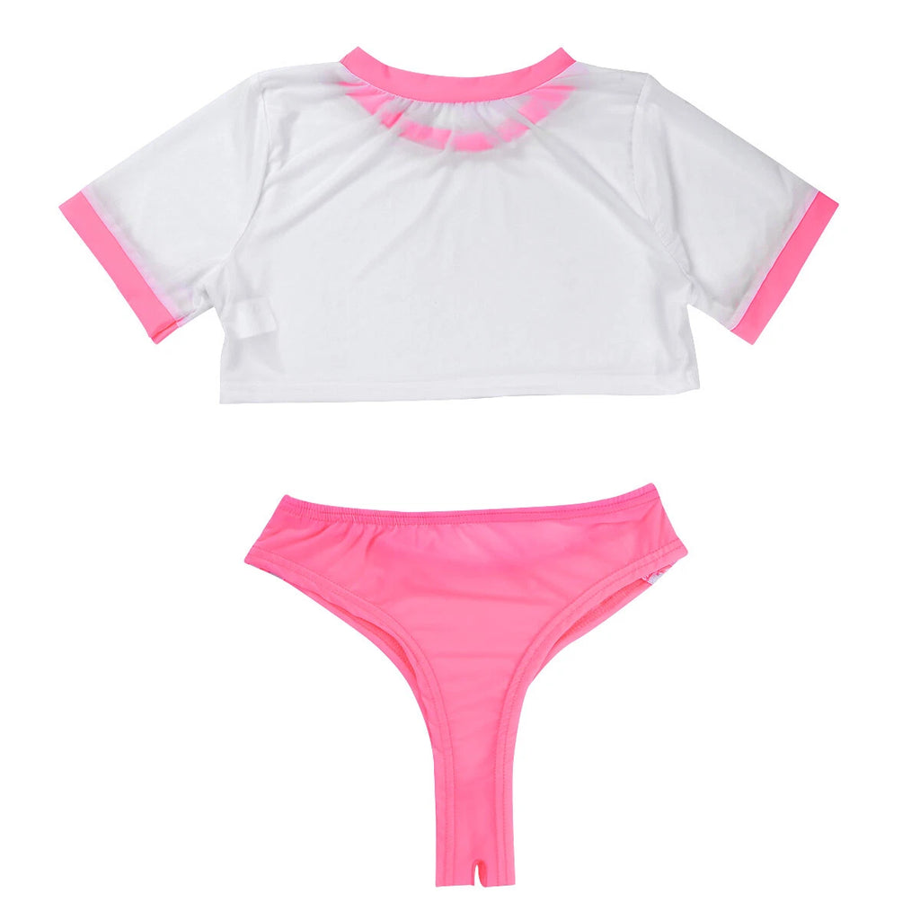 Women Naughty Schoolgirls Lingerie Set Crop Top with Crotchless Briefs AU