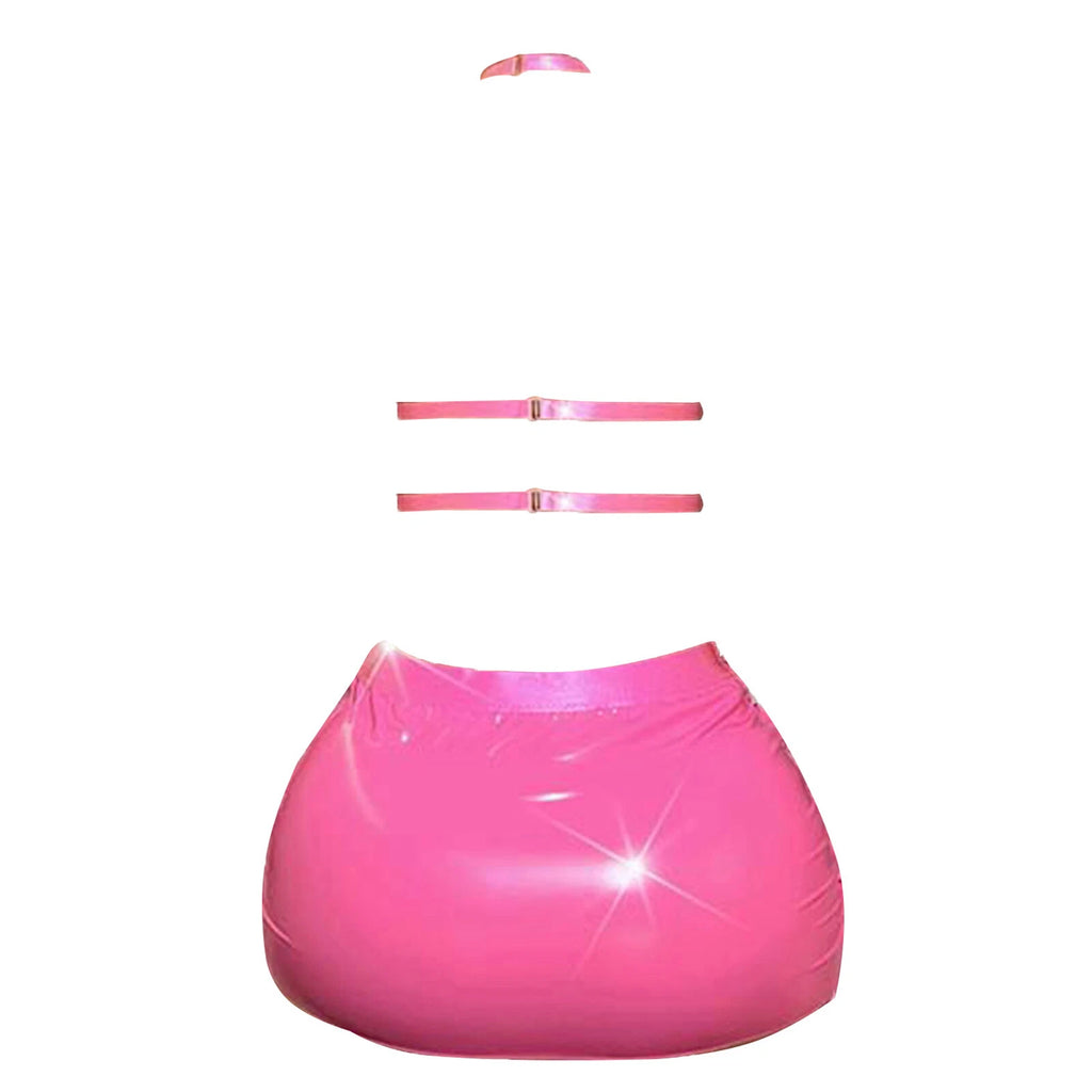 Womens Lingerie Sexy Set Role Play Mini Skirt Wet Look Sleepwear Camisole Bra